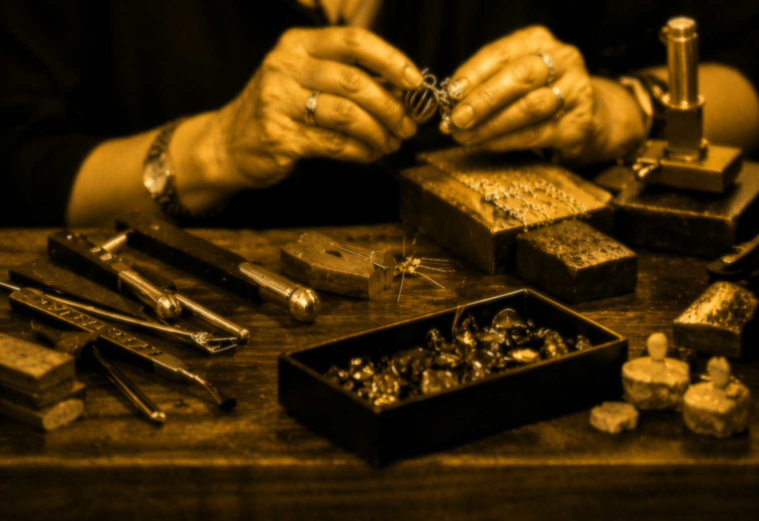 Jeweler hands crafting jewelry at workshop bench
