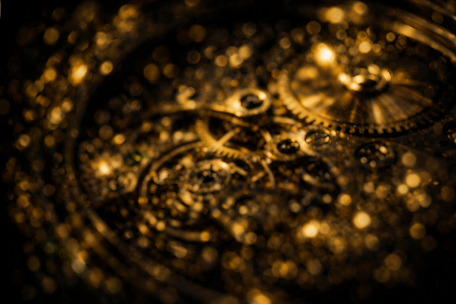 Golden watch movement gears with bokeh