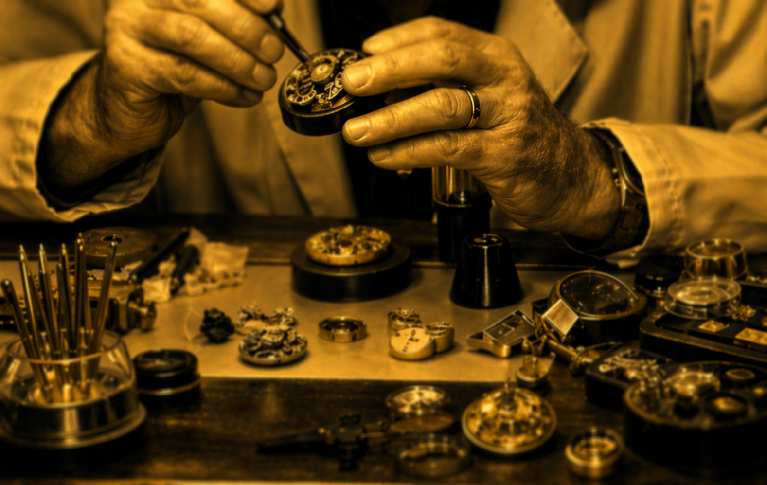 Watchmaker hands working on movement at workshop bench